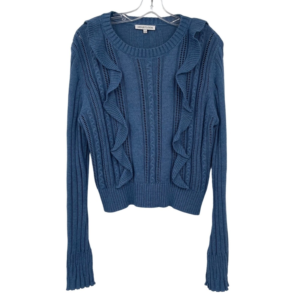 Heartloom Ruffle Cable Knit Sweater Women Large Blue Pointelle Crew Neck Cottage